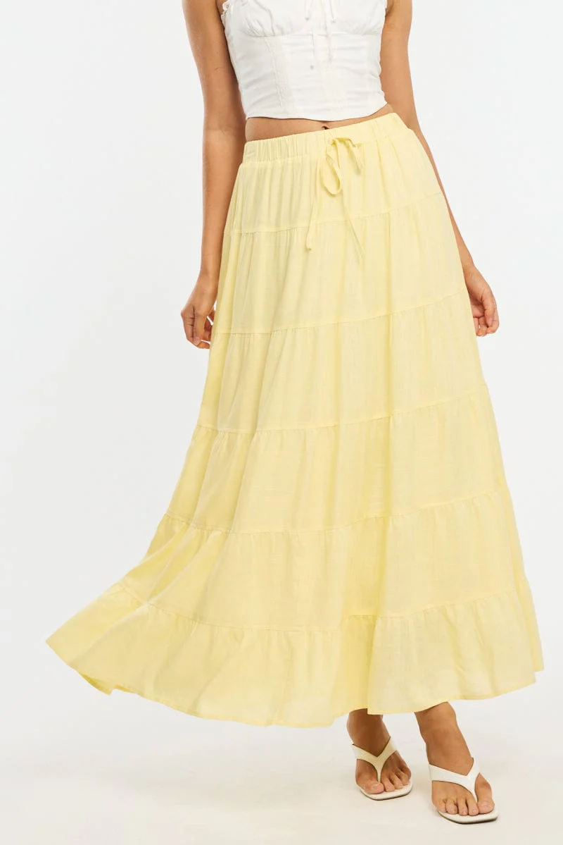 Yellow Maxi Skirt Tiered High Rise Linen Blend