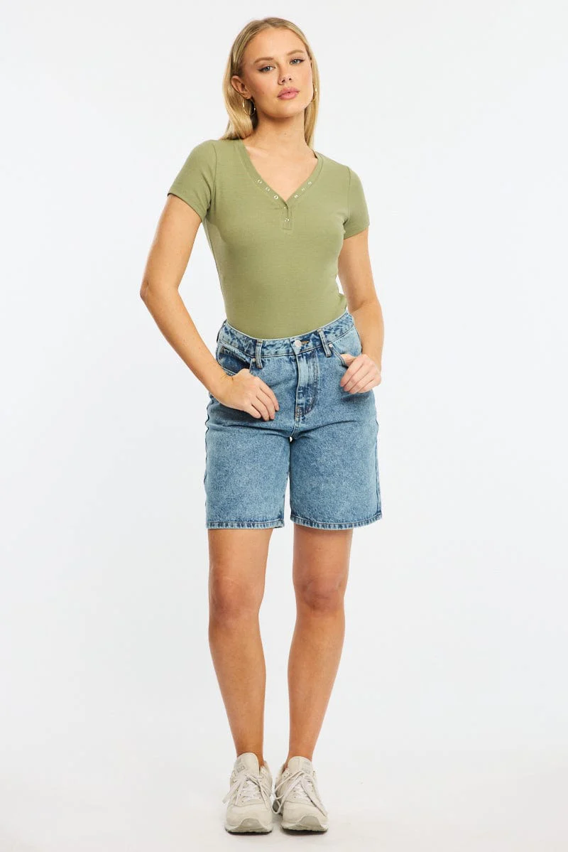 Green Henley Top Short Sleeve
