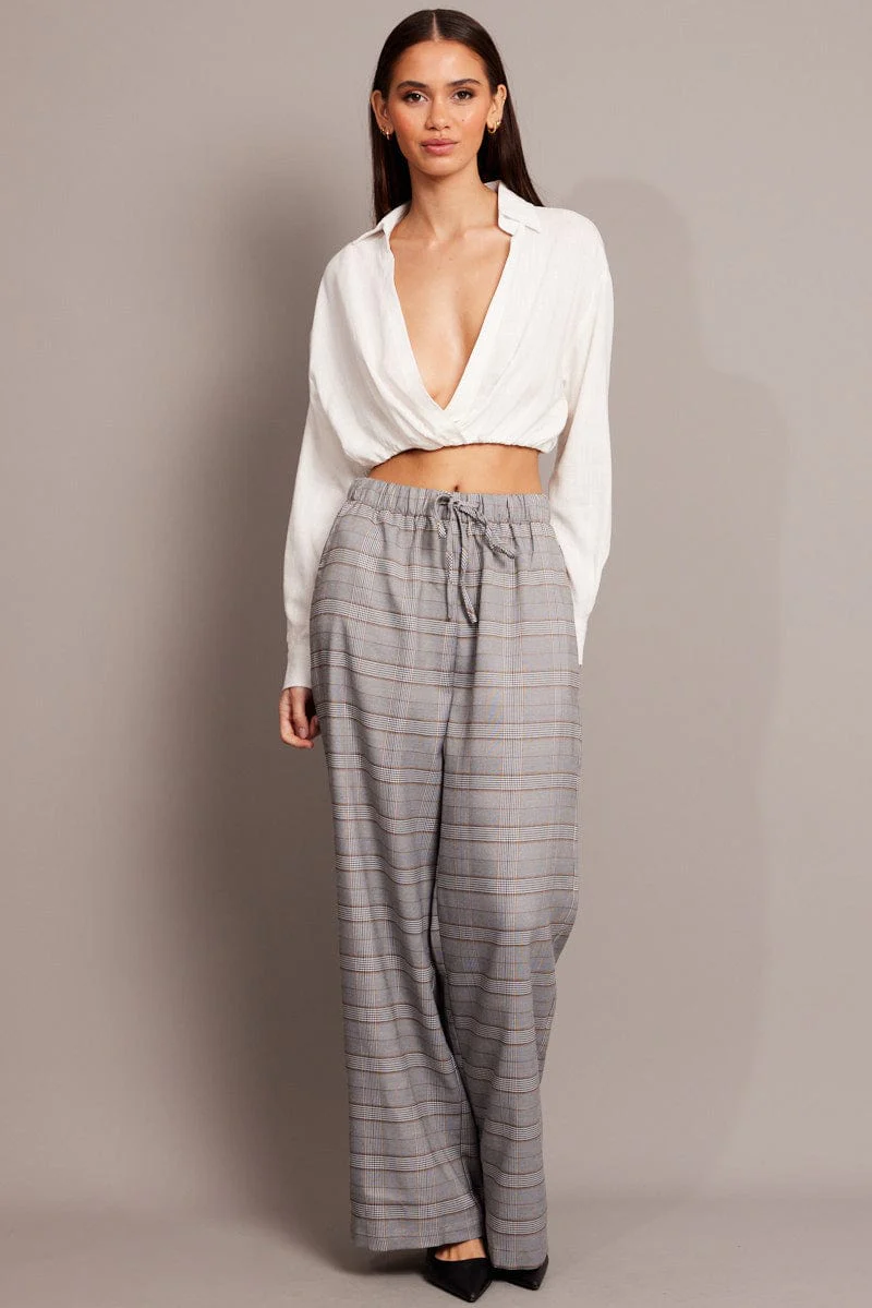 Grey Check Wide Leg Pants Elastic Waist
