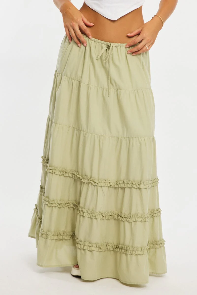 Green Maxi Skirt Elasticated Waist Tiered Frilled Detail