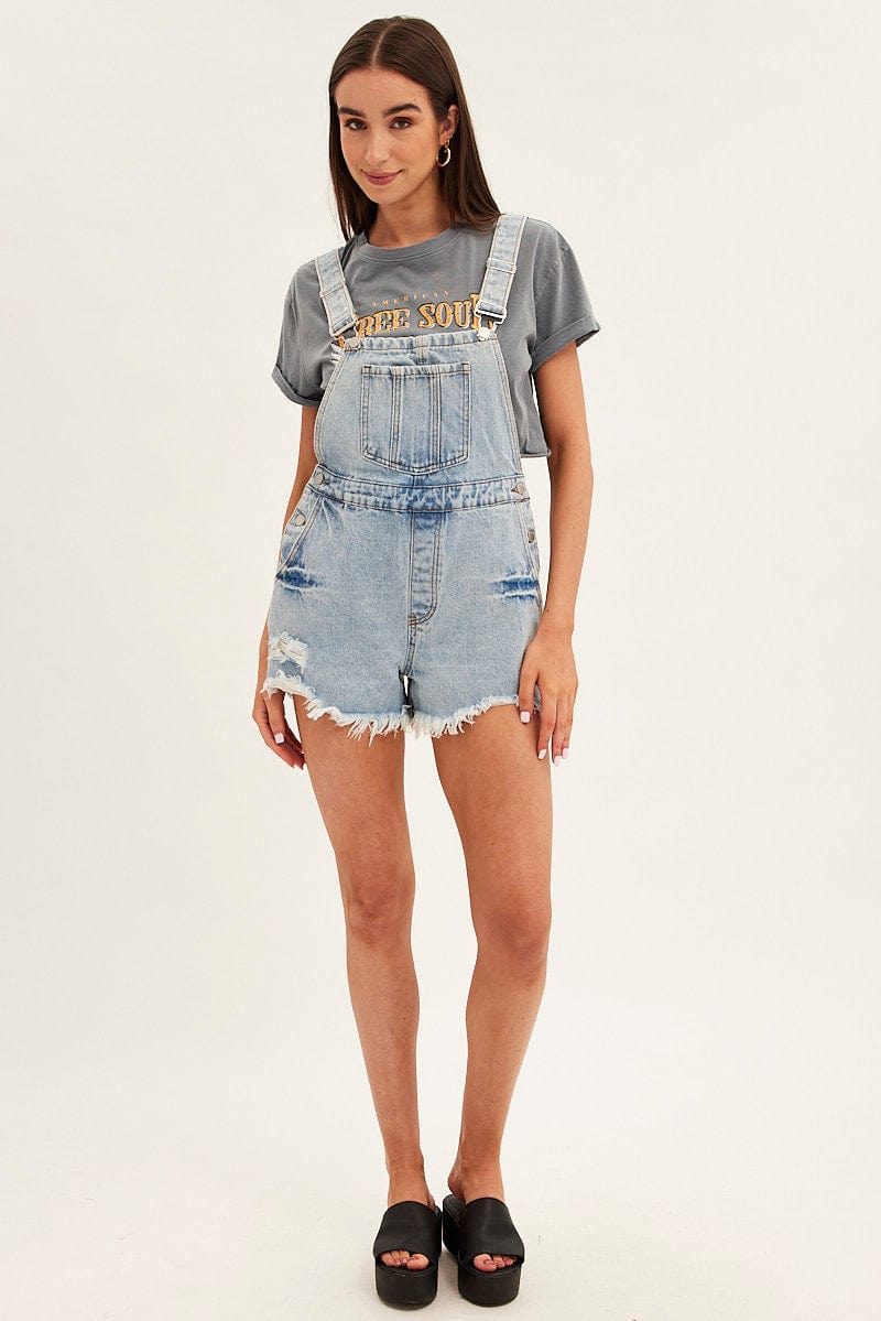 Denim Distressed Denim Short Overalls