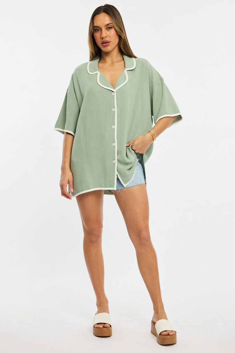 Green Bias Lapel Shirt Short Sleeve Relaxed Linen Blend
