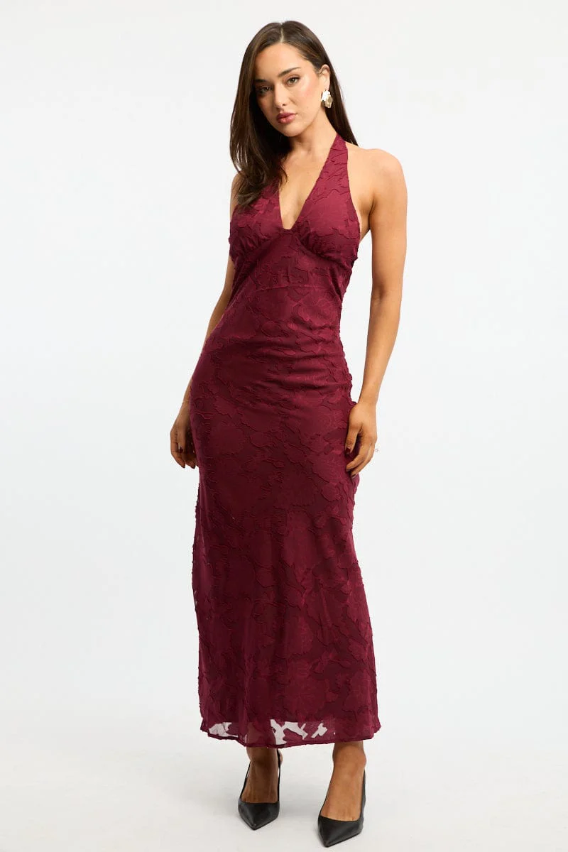 Red Maxi Dress Halter Neck Burn Out