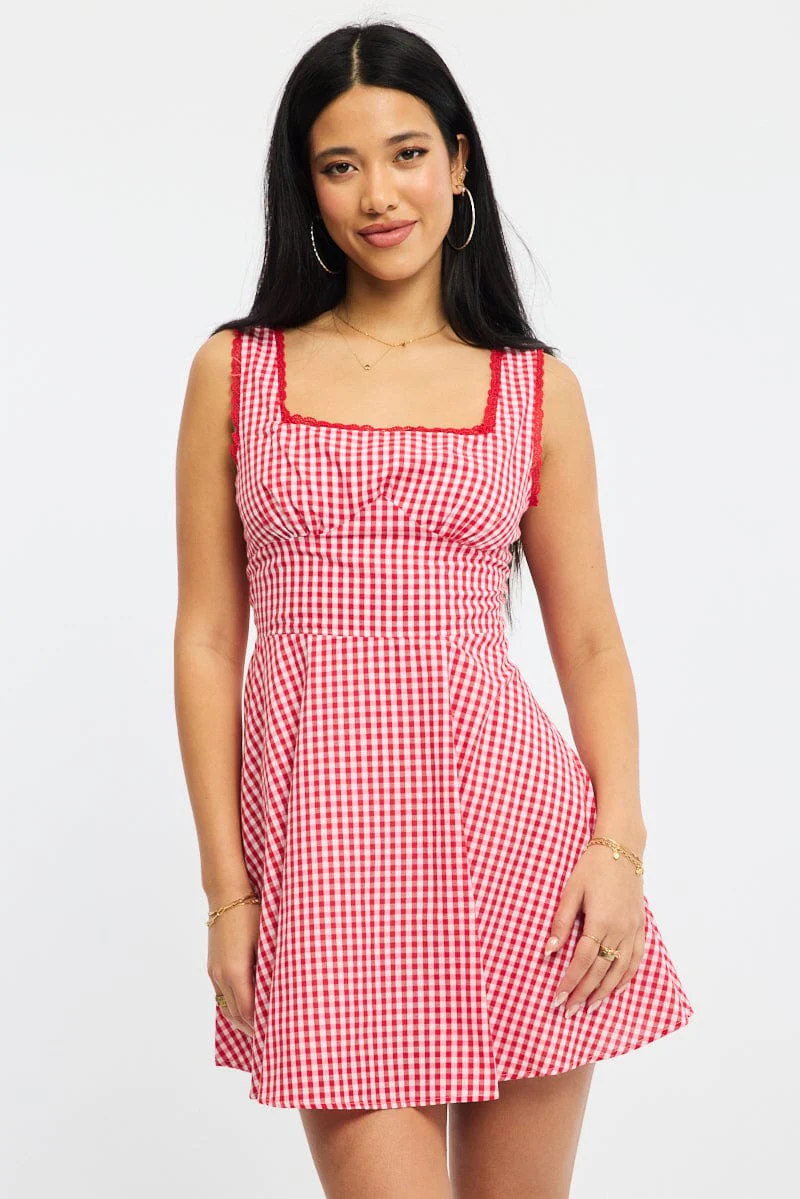 Red Check Mini Dress Sleeveless