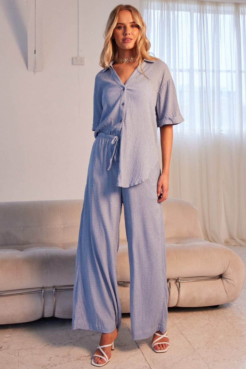 Blue Wide Leg Pants High Rise Textured Fabric
