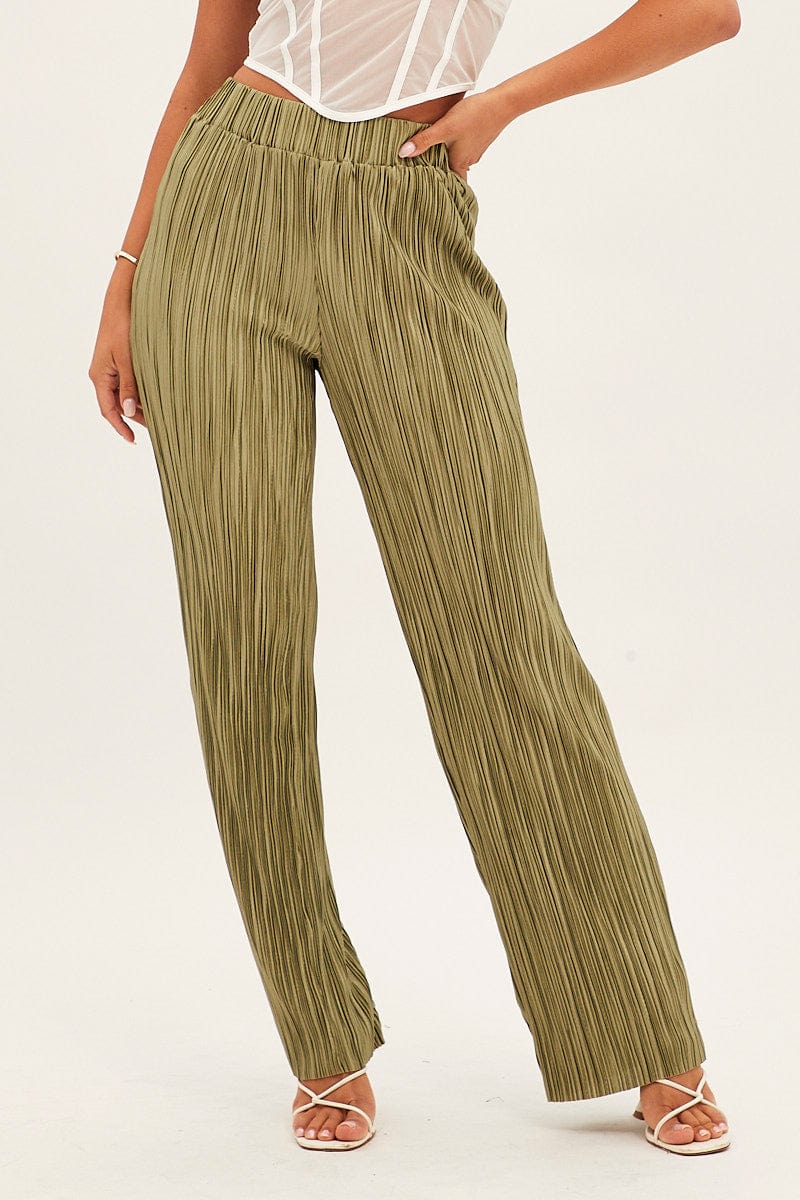 Green Plisse Pants Wide Leg