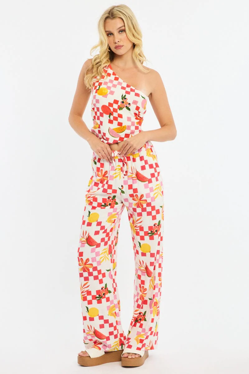 Red Abstract Wide Leg Pants Elasticated Waist