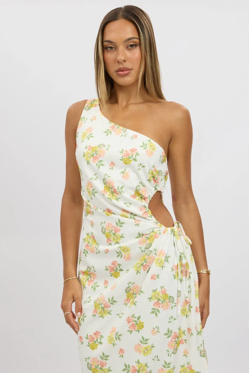 White Floral One Shoulder Midi Dress