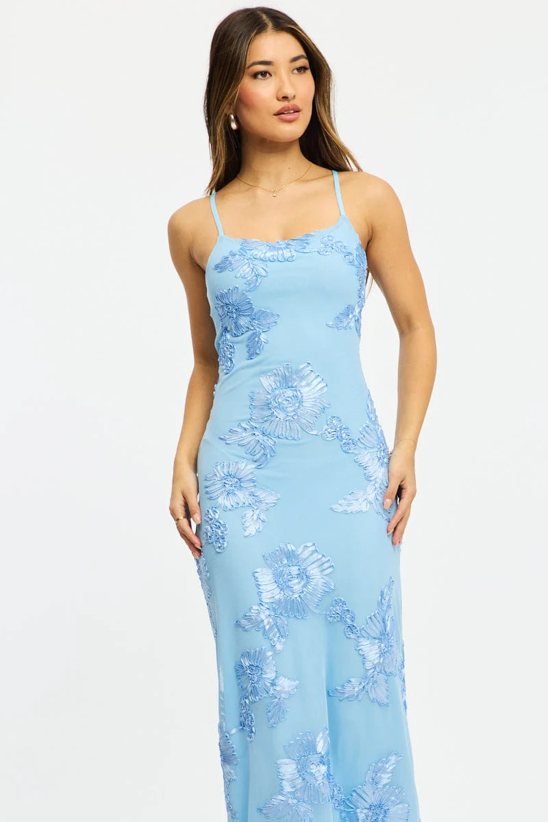 Blue Bodycon Dress Embroidered Mesh