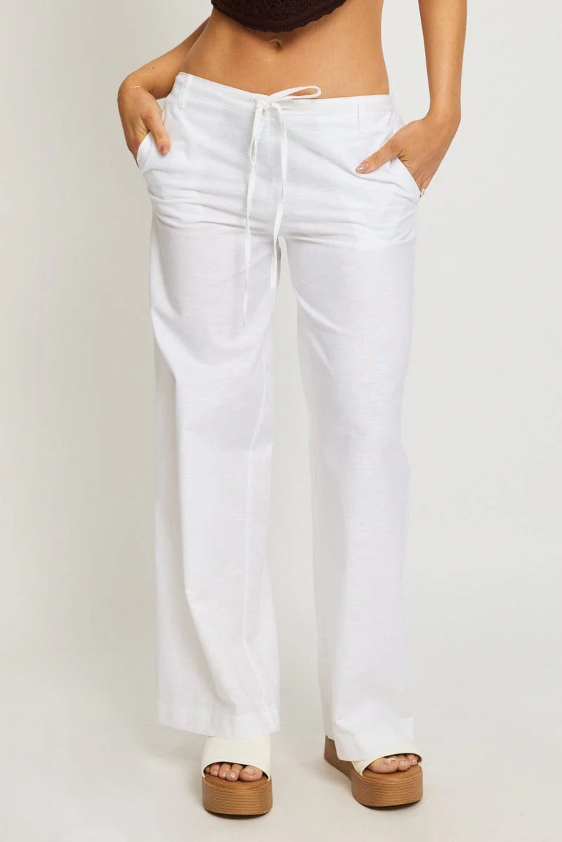 White Wide Leg Pants Waist Tie
