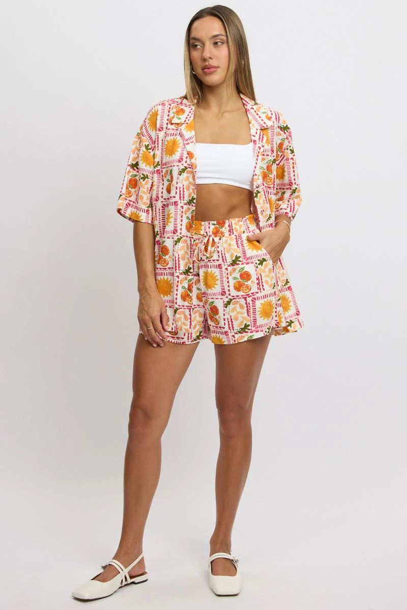 Multi Abstract Relaxed Shirt Short Sleeve Linen Blend