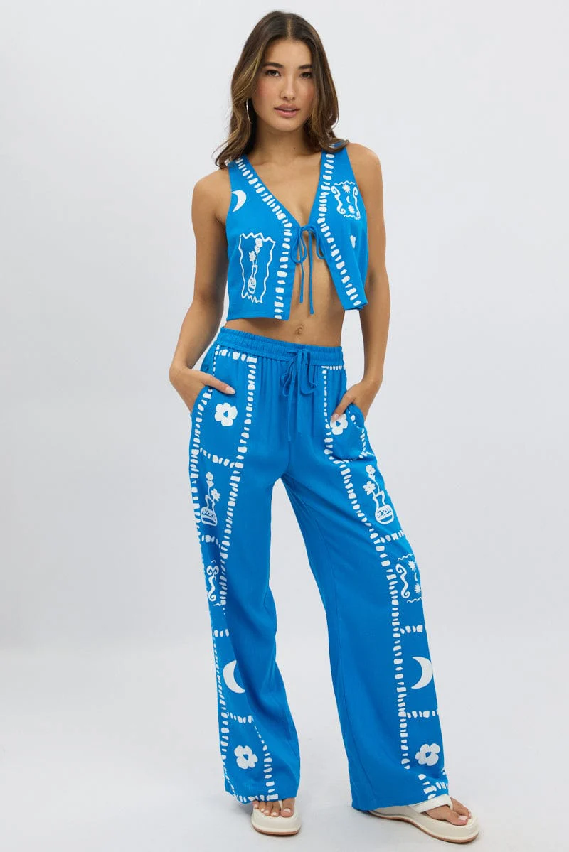 Blue Wide Leg Pants Elasticated Waist