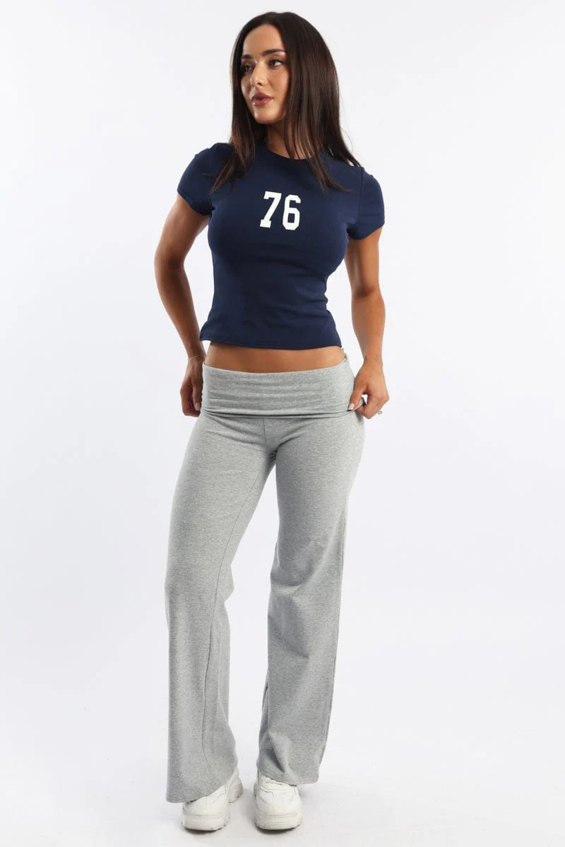 Grey Wide Leg Pants Folded Waist Jersey