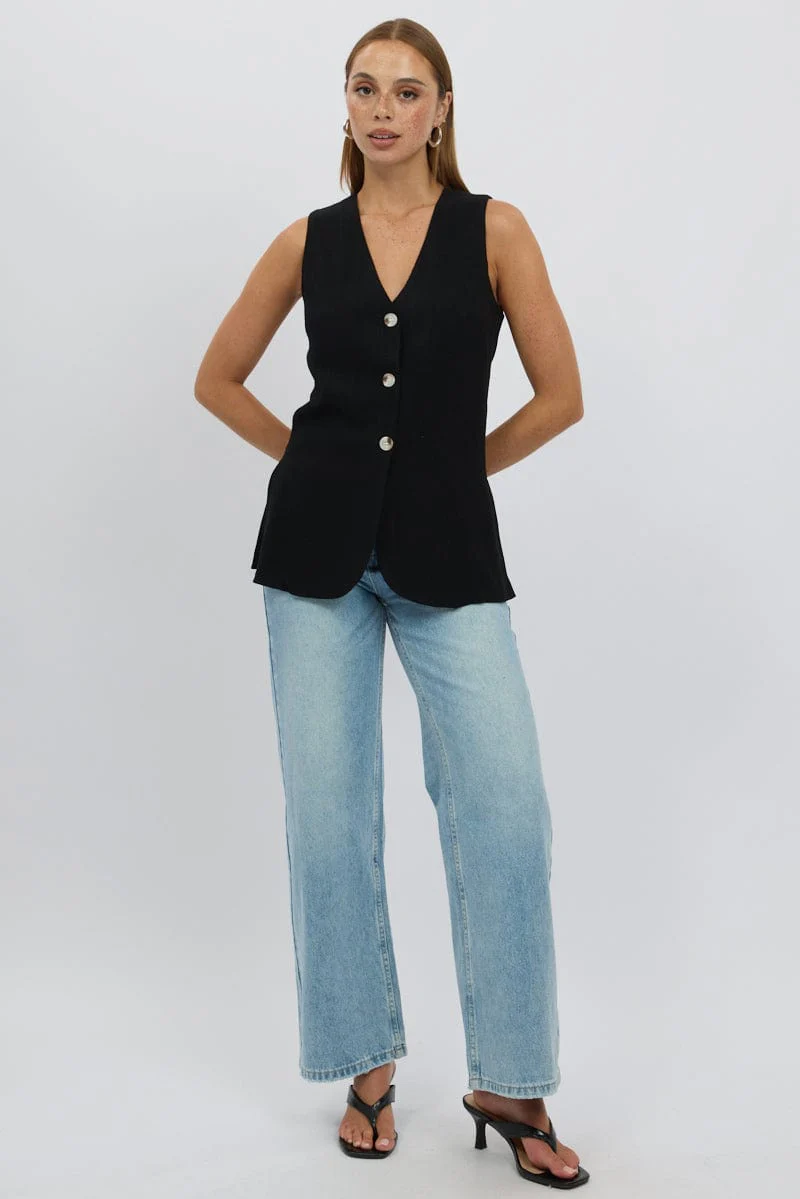 Black Linen Vest Longline V Neck