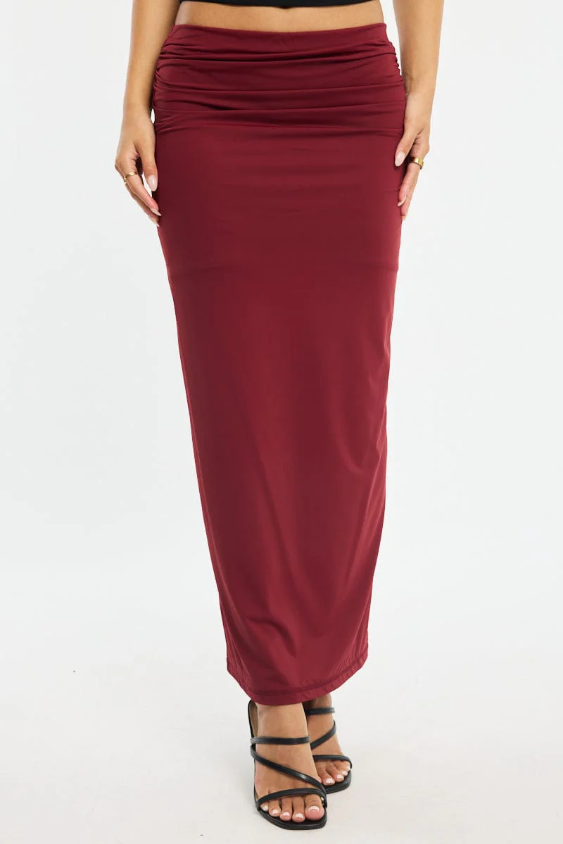 Red Ruched Maxi Skirt Elastic Waist