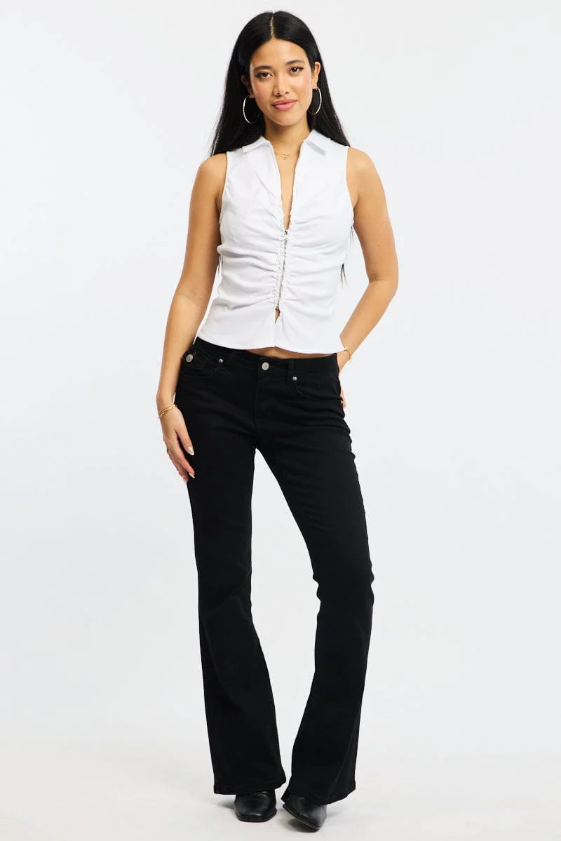 White Zip Up Top Sleeveless Collared Bengaline