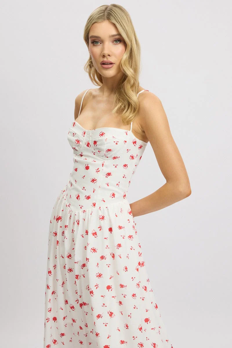 White Floral Midi Dress Corset Detail