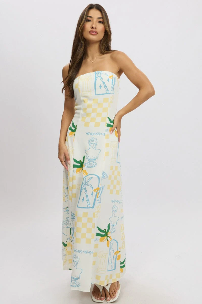 Yellow Abstract Strapless Maxi Dress