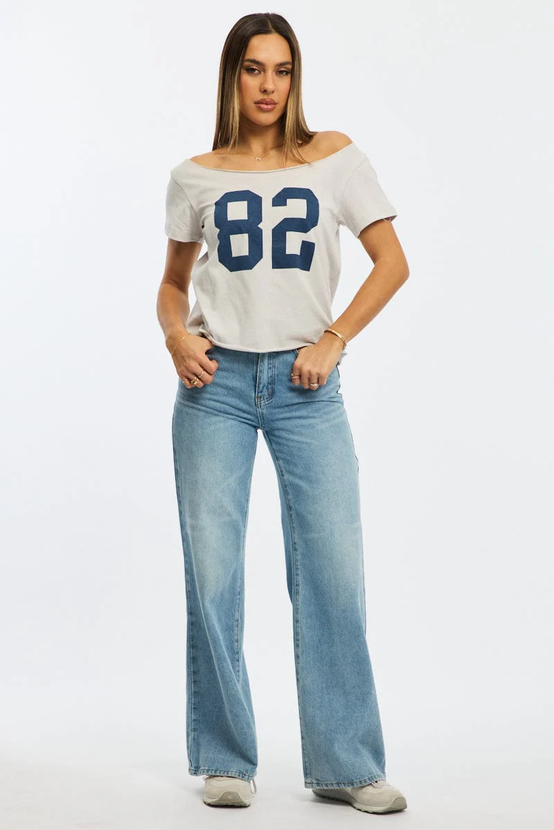 Grey Graphic Tee Off Shoulder