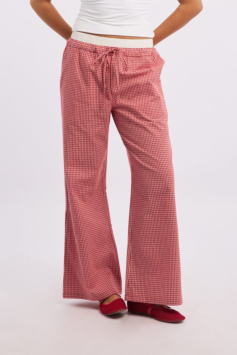 Red Check Wide Leg Pants Contrast Waist
