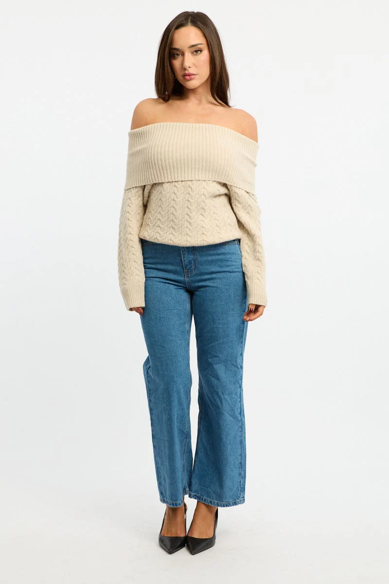 Beige Bardot Knit Top Long Sleeve Cable