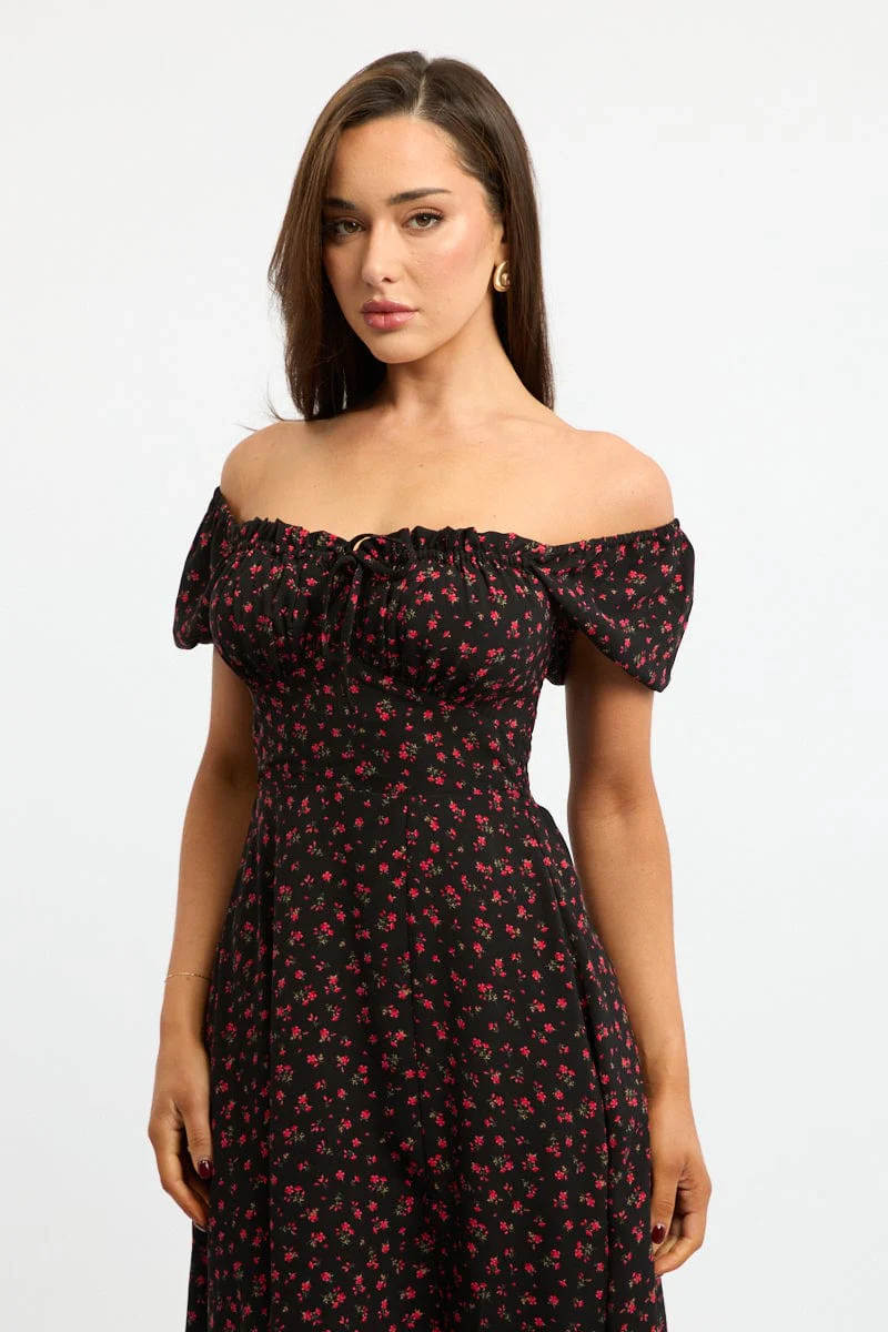 Black Ditsy Midi Dress Puff Sleeve
