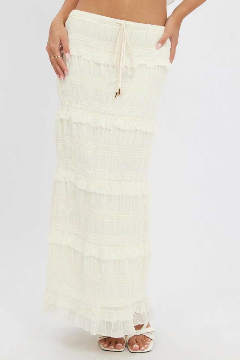 White Maxi Skirt Elastic Waistband Ruffle Textured