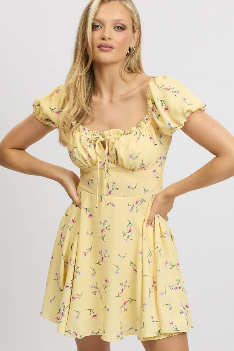Yellow Floral Fit And Flare Dress Mini