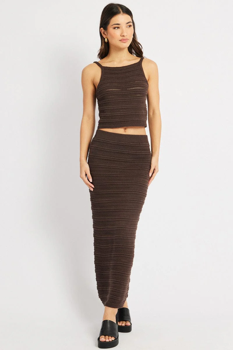 Brown Crochet Skirt High Rise Elastic Waistband Midi