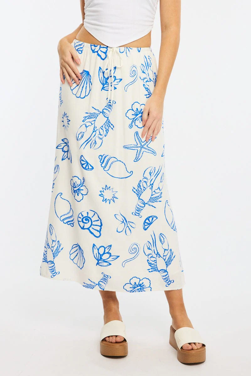 Blue Abstract Midaxi Skirt Relaxed Fit Elastic Waist
