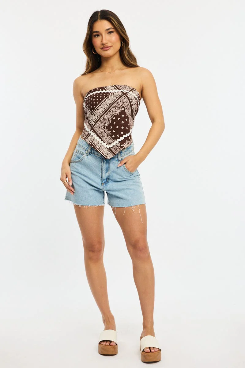 Brown Paisley Scarf Top Sleeveless Bandeau Linen Blend Ric Rac