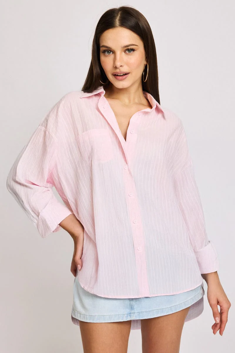 Pink Long Sleeve Shirt Button Up Collared Self-striped