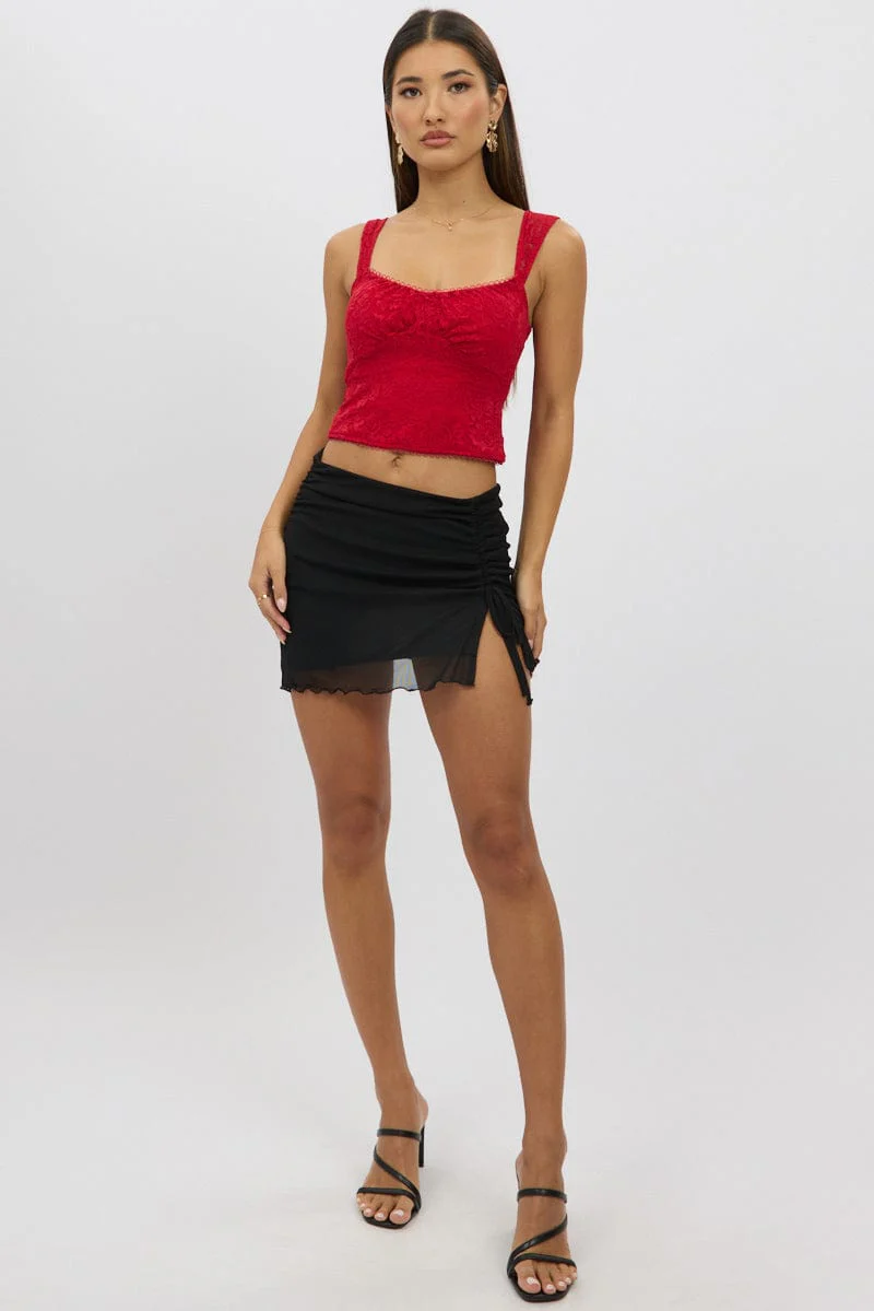 Black Mini Skirt Elastic Waist Assymetric Ruched Front M