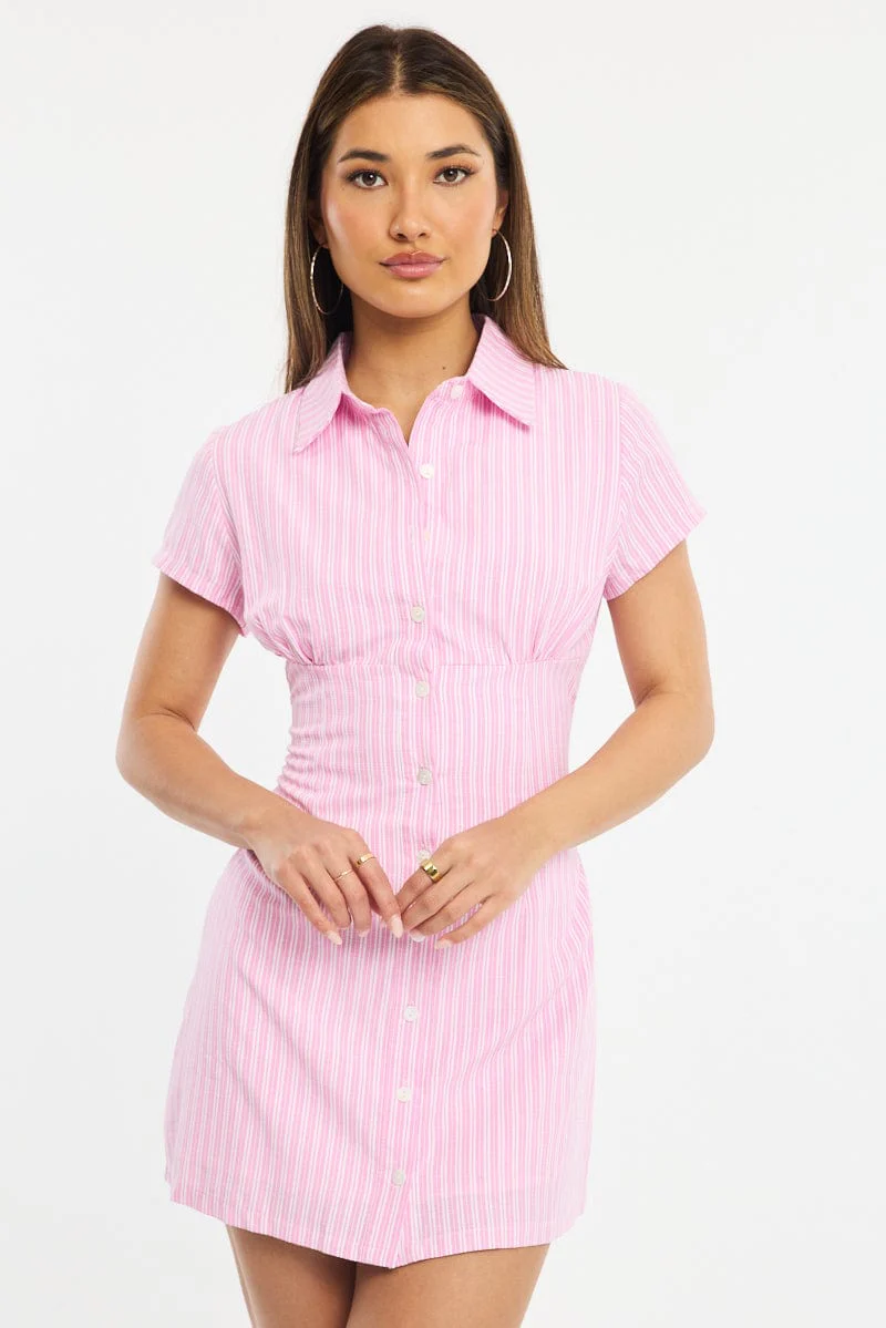 Pink Stripe Mini Dress Collared