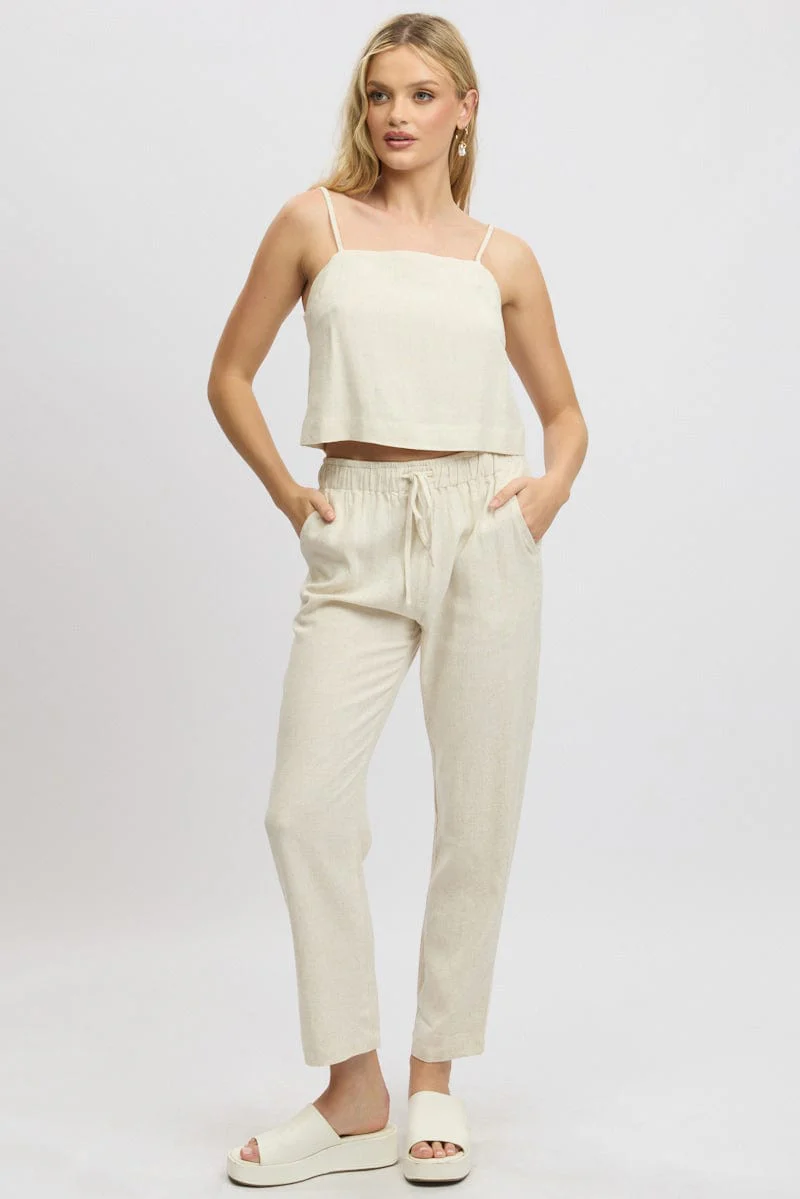 Beige Tapered Pants Elasticated Waist
