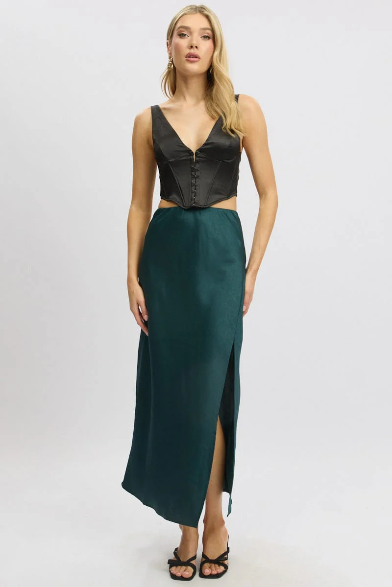 Green Slip Skirt High Waist Front Split Midaxi Satin