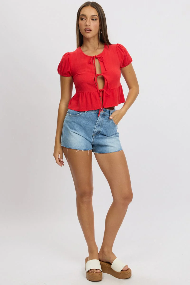 Red Tie Front Top Puff Sleeve