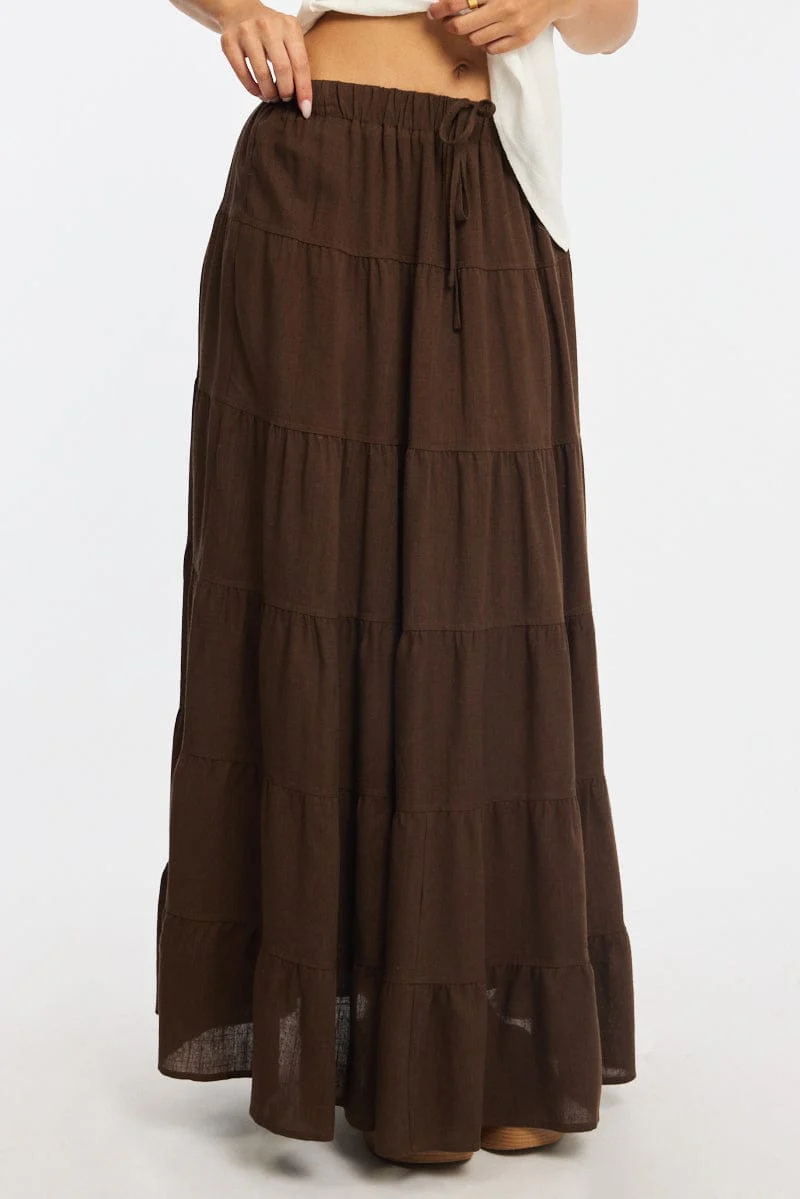 Brown Maxi Skirt Tiered High Rise Linen Blend