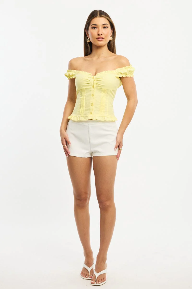 Yellow Top Short Sleeve Gathered Bust Pleated Detail