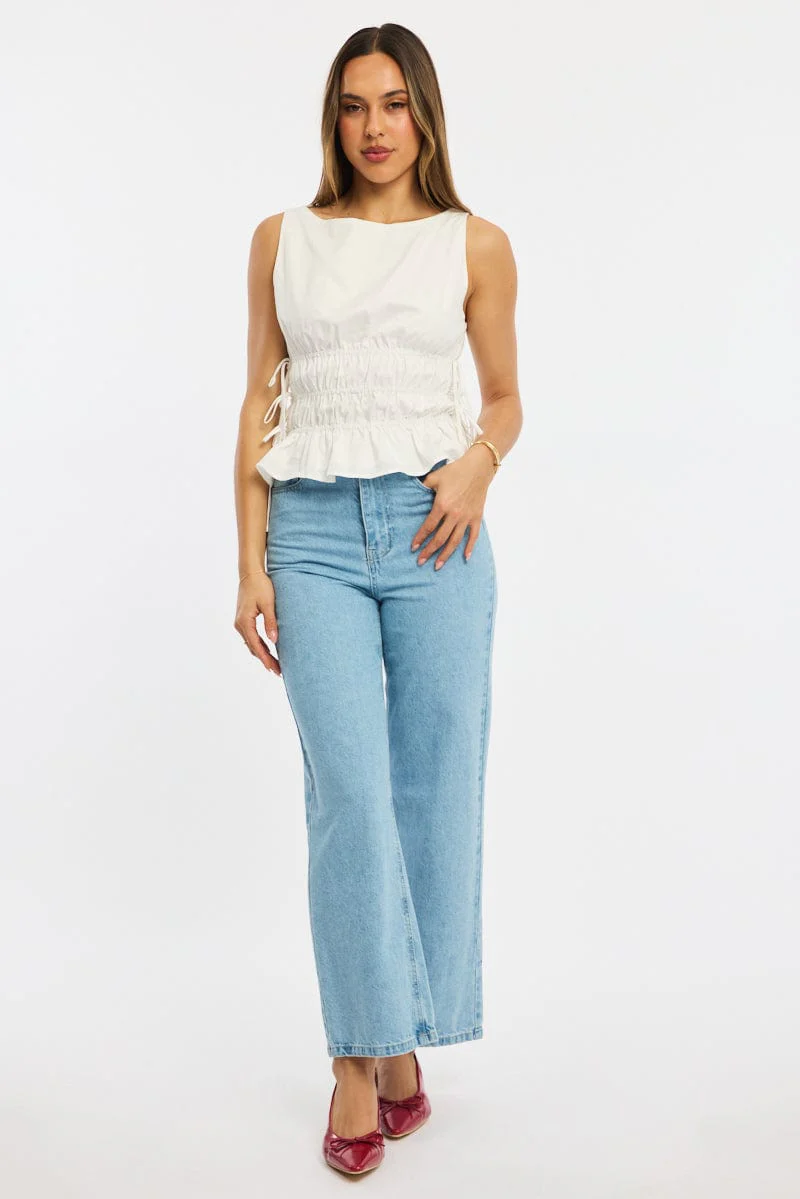 White Ruched Top Sleeveless Boat Neck Bow Details