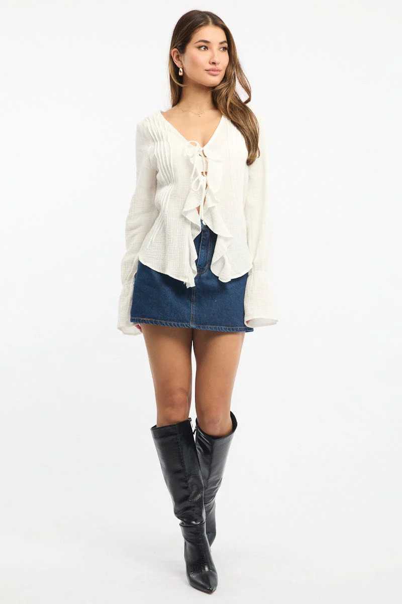 White Tie Front Top Long Sleeve Ruffled Textured