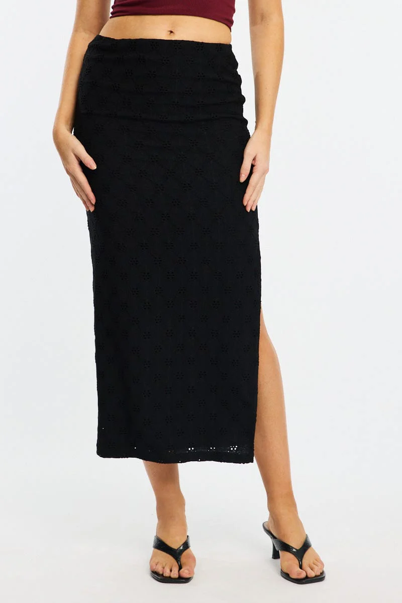 Black Midaxi Skirt Elastic Waisthigh Rise Stretch Eyelet