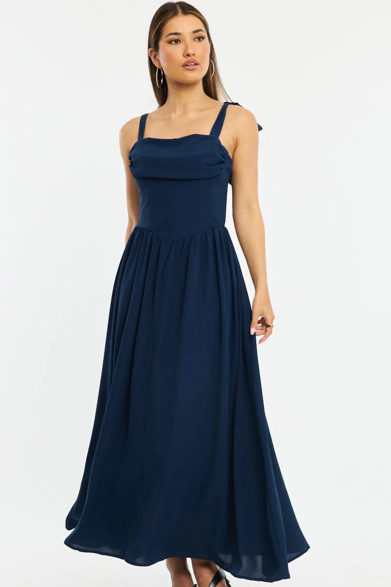 Blue Maxi Dress Tie Shoulder