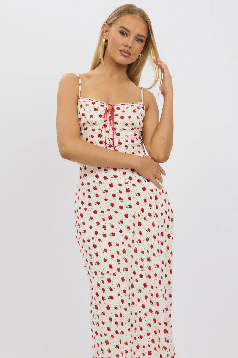 Red Ditsy Maxi Dress Lace Satin Tape