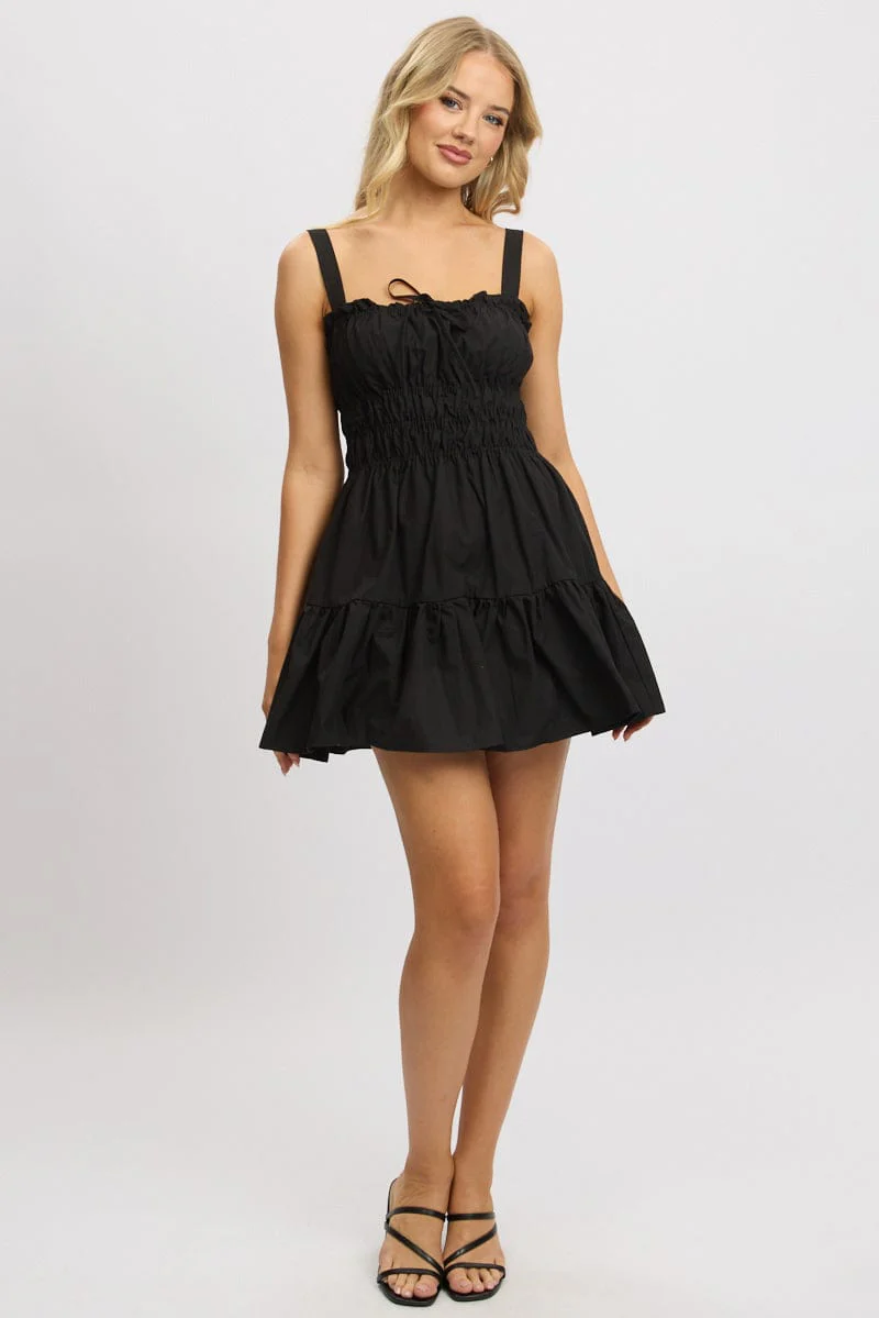 Black Fit And Flare Dress Mini Poplin