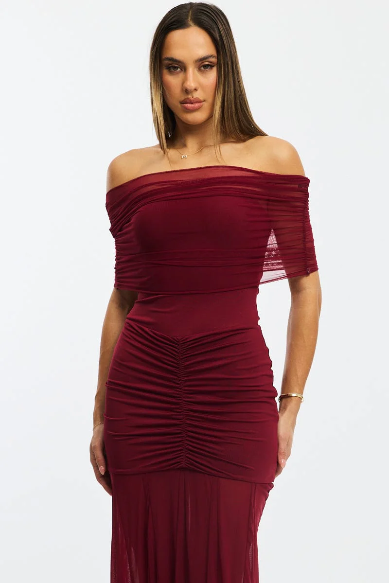 Red Off Shoulder Maxi Dress Mesh