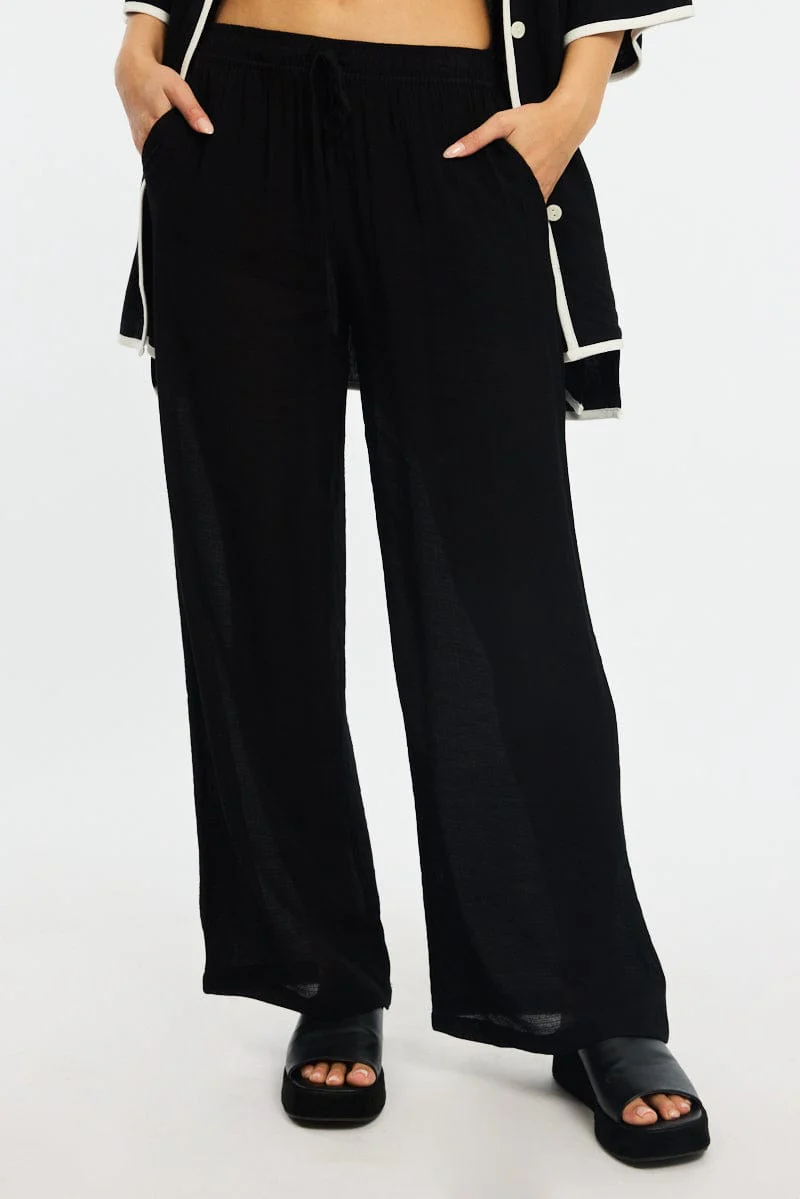Black Stripe Wide Leg Pants Elasticated Waist