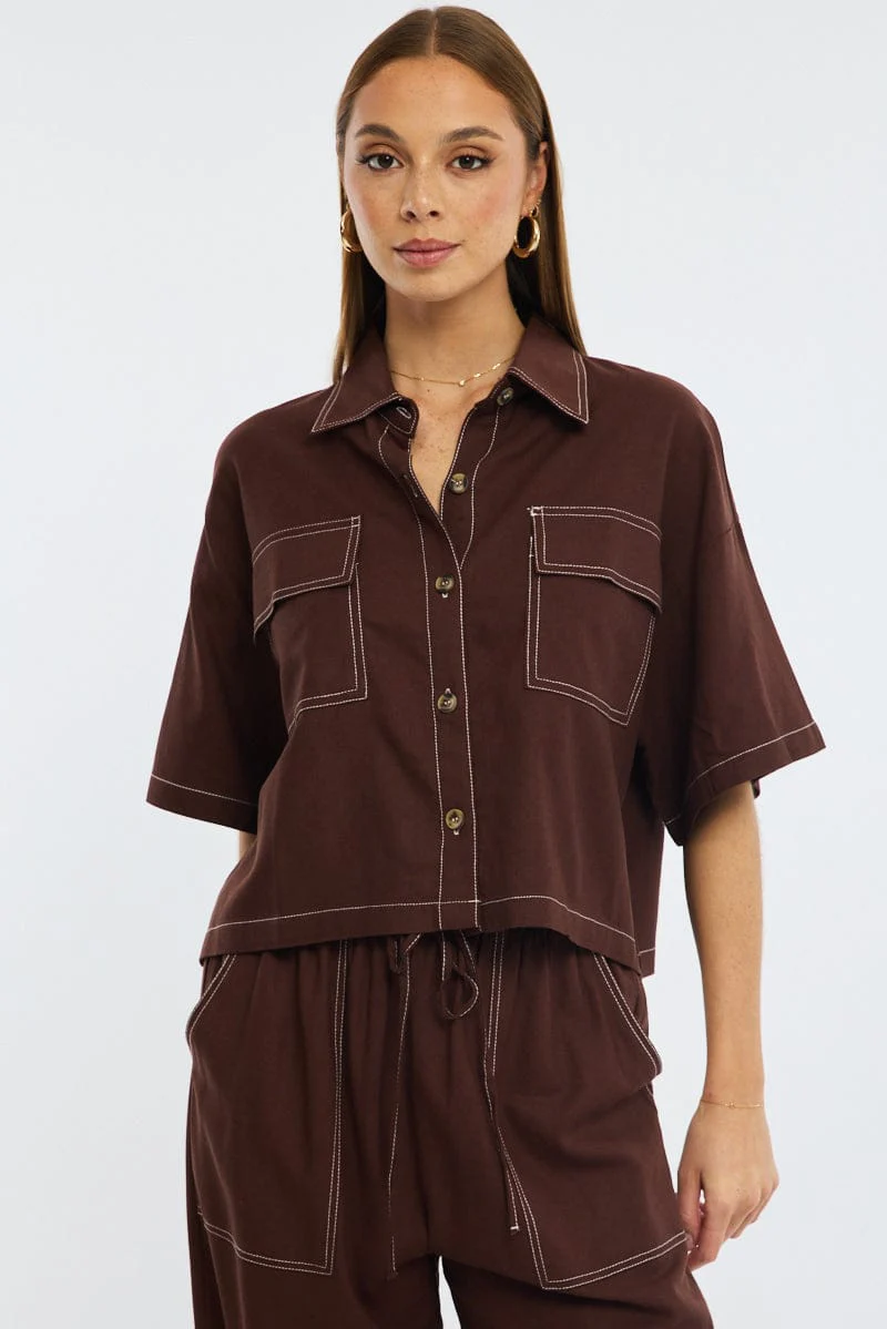 Brown Outpocket Jacket Short Sleeve