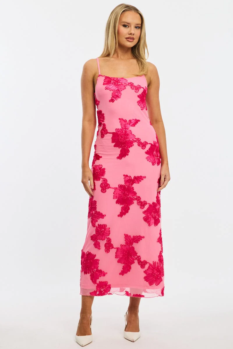 Pink Bodycon Dress Embroidered Mesh