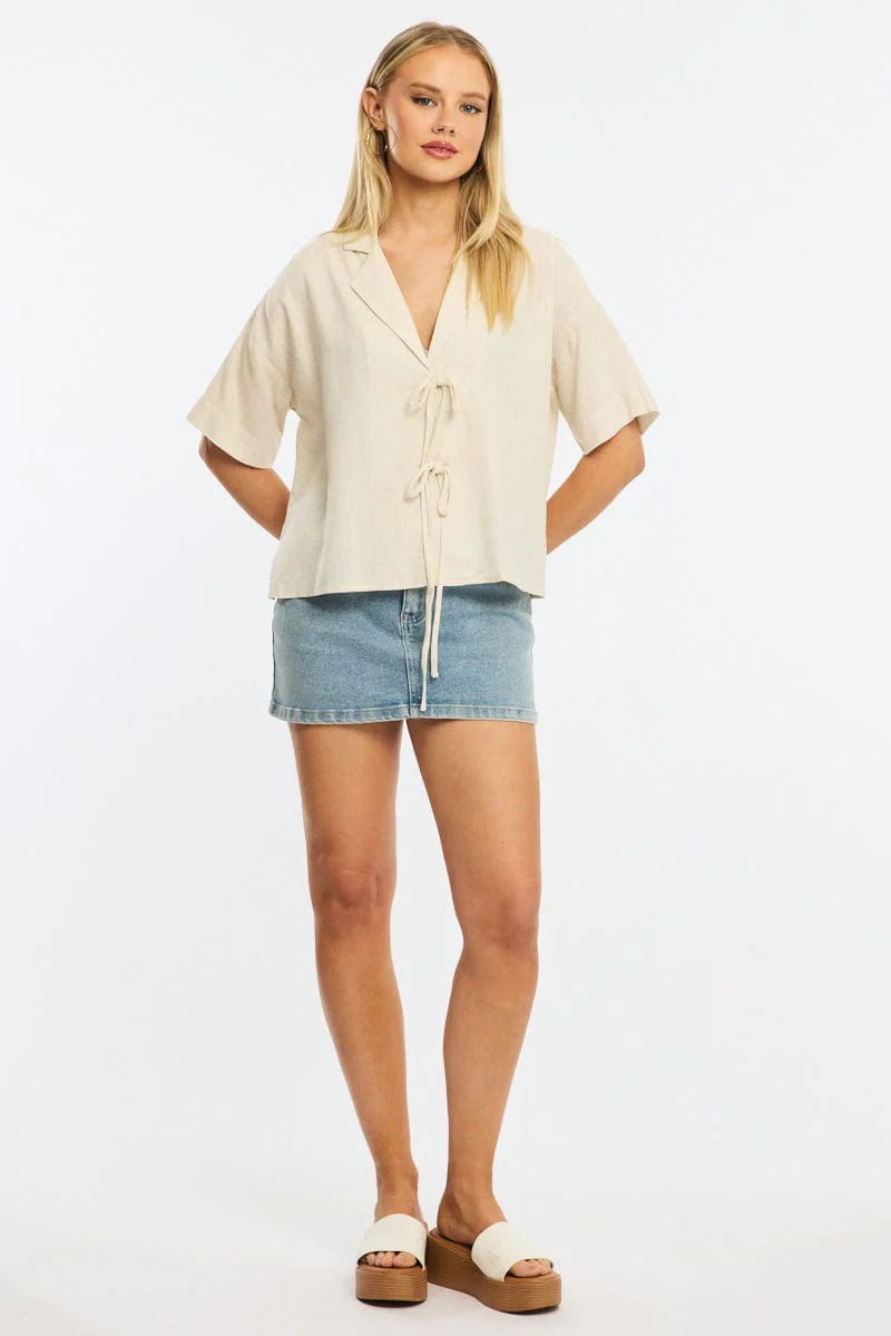 Beige Tie Up Top Short Sleeve